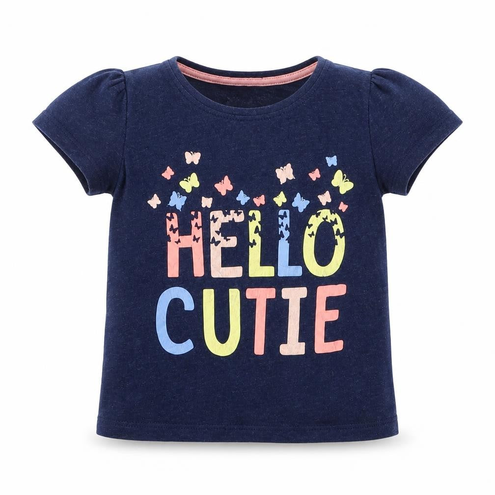 Front view of Primark Baby Blue Cotton Basic T-Shirt, size 18-24, Months Crew Neck - Hello Cutie