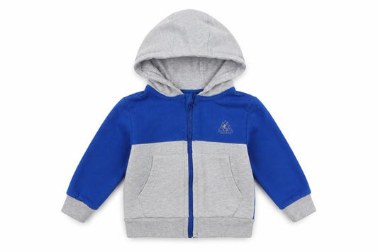 Front view of Studio Baby Grey Colourblock Cotton Full Zip Jumper, size 12-18, Months Zip