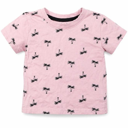 Primark Baby Pink Geometric Cotton Basic T-Shirt Size 9-12 Months Crew Neck  - Palm Tree Print