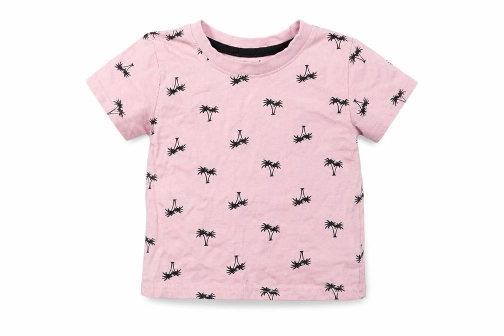 Primark Baby Pink Geometric Cotton Basic T-Shirt Size 9-12 Months Crew Neck  - Palm Tree Print
