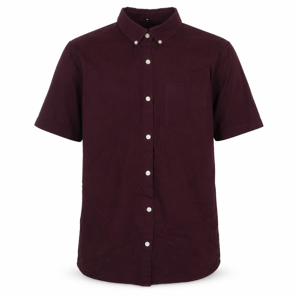 Front view of River Island men’s red cotton button-up, size S, collared button - burgundy