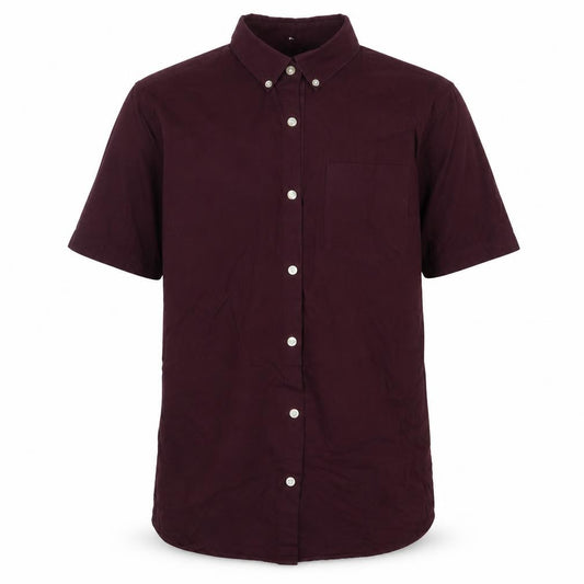 Front view of River Island men’s red cotton button-up, size S, collared button - burgundy