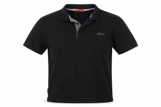 Front view of Sazenger men’s black polyester polo, size XS, collared pullover
