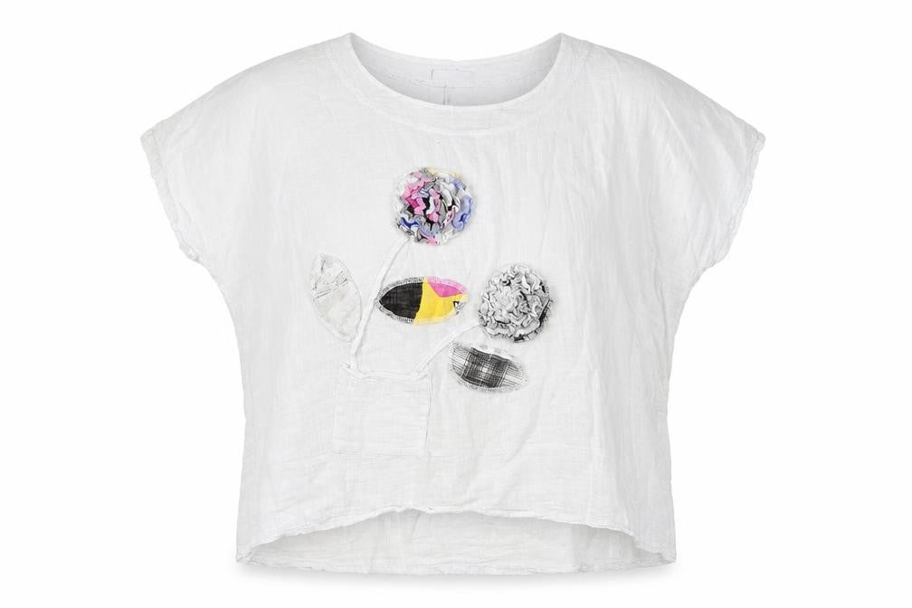 Front view of New Collection women’s white floral cotton basic blouse, size M, round neck