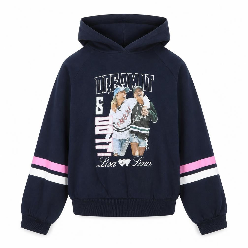 Front view of H&M girls’ blue cotton pullover hoodie, size 9, years