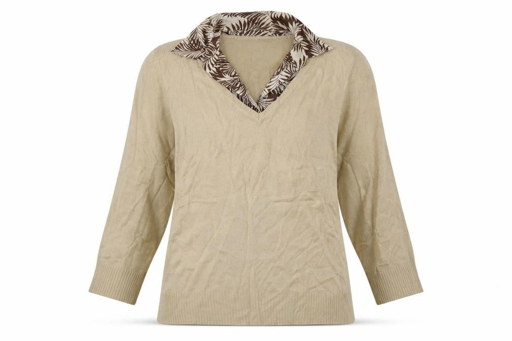 Front view of Debenhams women’s brown geometric acrylic pullover sweatshirt, size UK 14, button