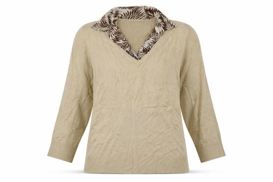 Front view of Debenhams women’s brown geometric acrylic pullover sweatshirt, size UK 14, button