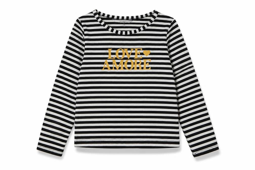 Front view of Peacocks girls’ black striped polyester basic casual, size 4-5, years crew neck pullover