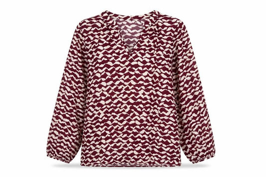 Front view of Live women’s purple geometric viscose basic blouse, size UK 12, v-neck