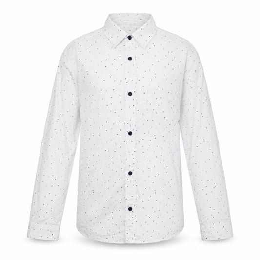 Front view of Primark boys’ white geometric cotton basic button-up, size 10-11, years collared button