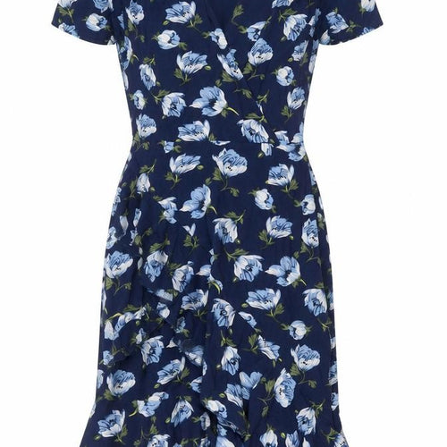Louche Womens Blue Floral Viscose Sheath  Size 8  V-Neck