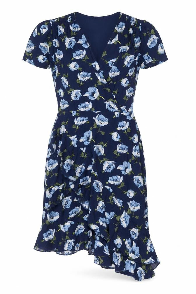 Louche Womens Blue Floral Viscose Sheath  Size 8  V-Neck