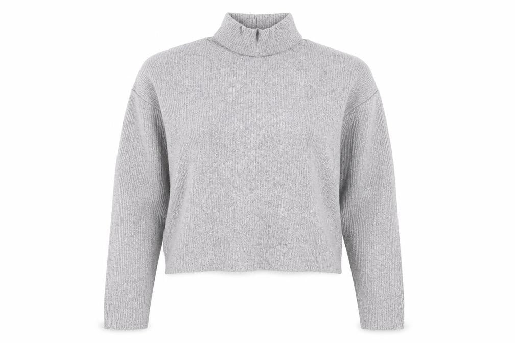 Front view of Topshop women’s grey high neck viscose jumper, size UK 6