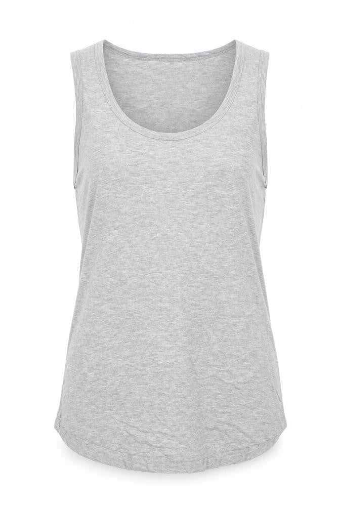 Front view of Dorothy Perkins women’s grey viscose basic tank, size UK 10, round neck