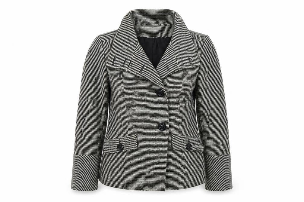 Front view of BHS women’s multicoloured striped overcoat coat, size UK 12