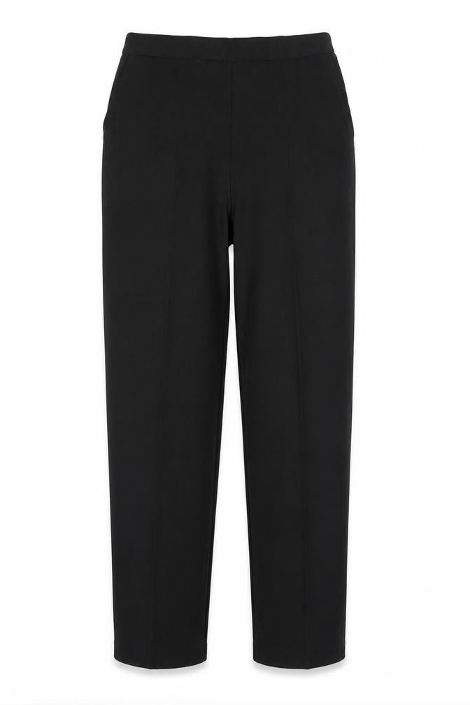 Front view of Preworn women’s black polyester trousers, size UK 16, 28-inch leg regular