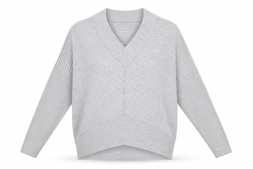 Front view of River Is women’s grey v-neck viscose jumper, size M