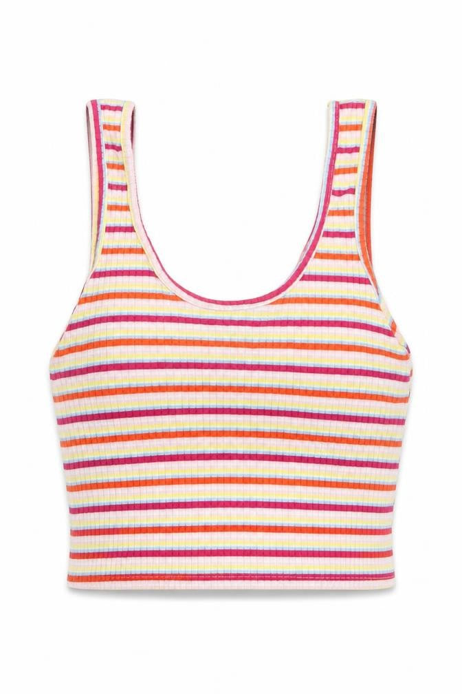 Front view of Primark women’s multicoloured striped polyester cropped tank, size S, scoop neck