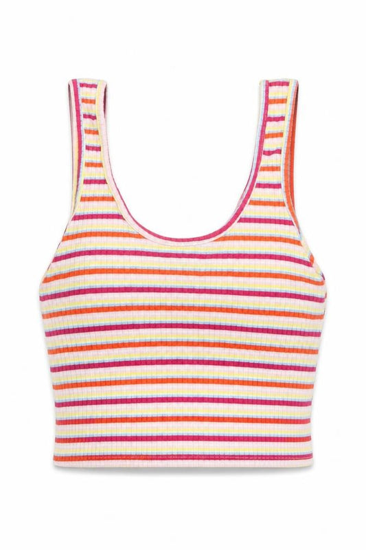 Front view of Primark women’s multicoloured striped polyester cropped tank, size S, scoop neck