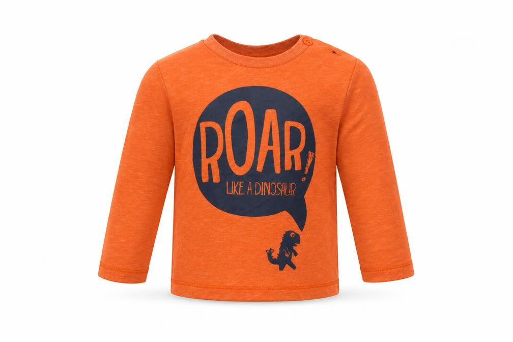 Front view of F&F Baby Orange Polyester Basic T-Shirt, size 6-9, Months Crew Neck Button - Dino