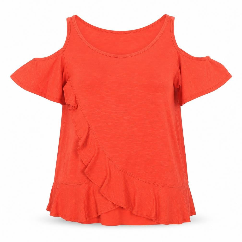 Front view of Papaya women’s red basic blouse, size UK 12, scoop neck - cold shoulder