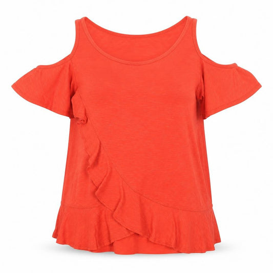 Front view of Papaya women’s red basic blouse, size UK 12, scoop neck - cold shoulder