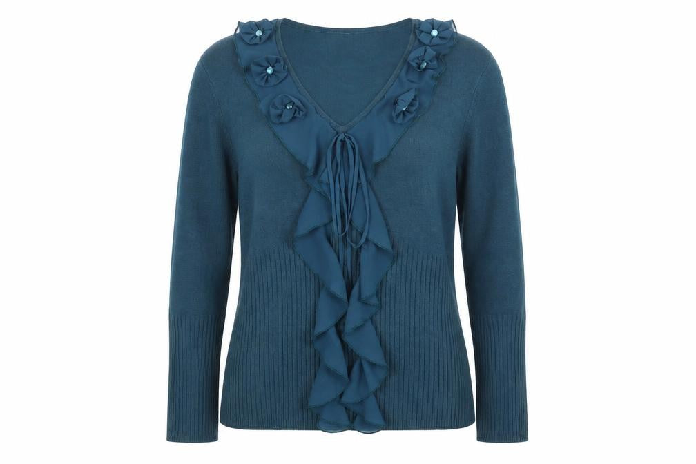 Front view of Klass women’s green v-neck viscose jumper, size XL