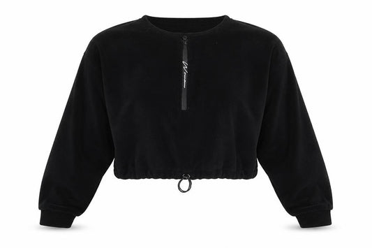 Front view of Boohoo women’s black polyester henley sweatshirt, size M
