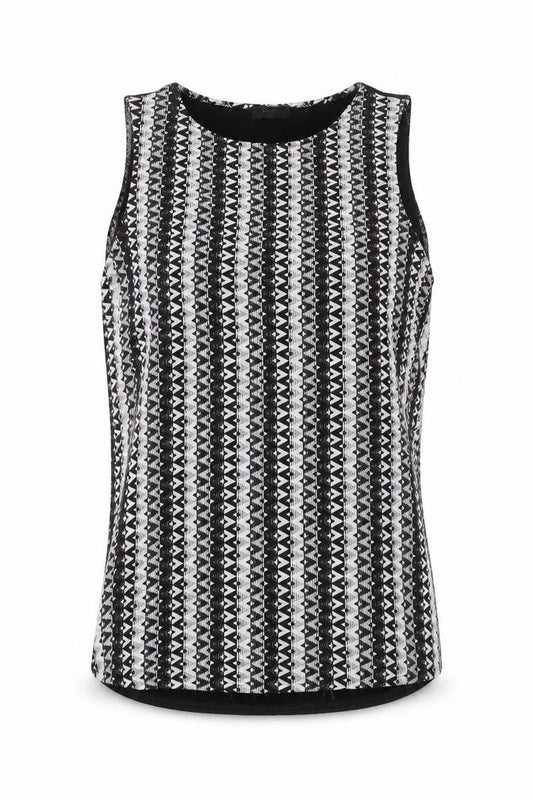 Front view of Papaya women’s black geometric polyester basic blouse, size UK 12, round neck