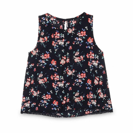 Front view of Abercrombie & Fitch kids girls’ blue floral cotton basic blouse, size 9-10, years round neck
