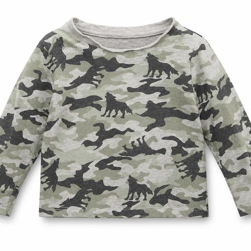 Pep&CO Boys Grey Camouflage Cotton Basic T-Shirt Size 9-12 Months Round Neck  - wolves
