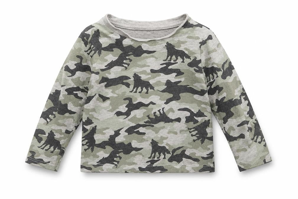 Pep&CO Boys Grey Camouflage Cotton Basic T-Shirt Size 9-12 Months Round Neck  - wolves