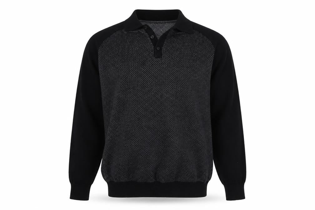 Front view of Matalan men’s black collared cotton jumper, size M