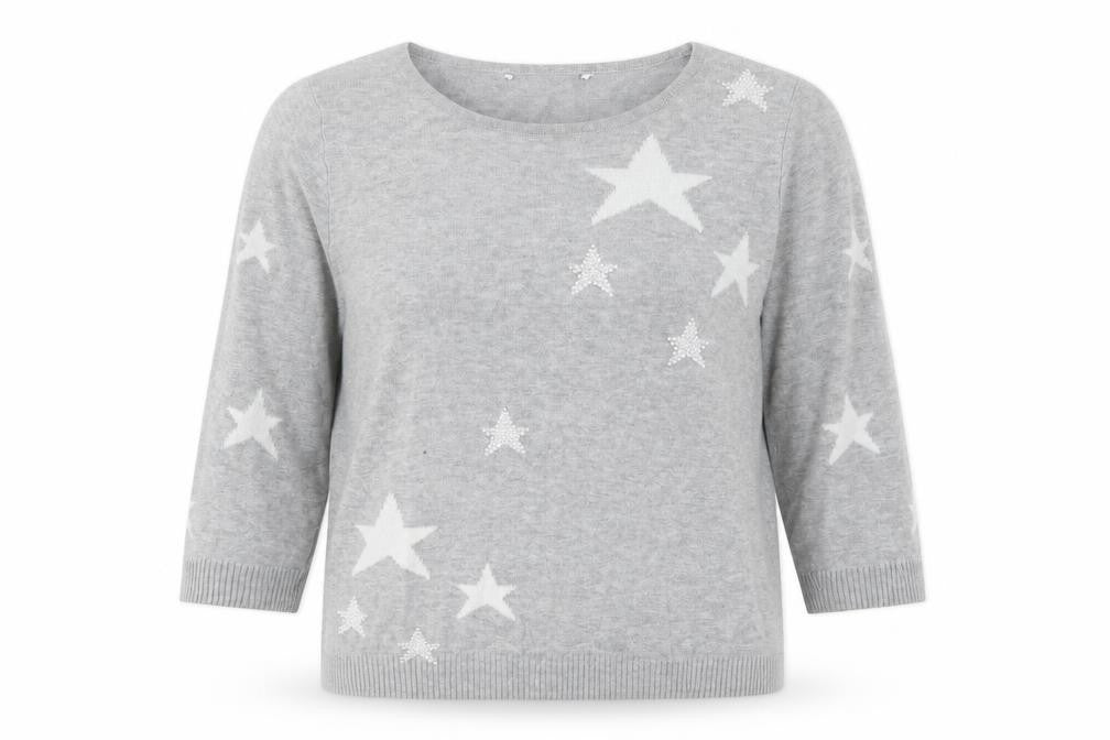 Front view of BHS women’s grey crew neck geometric cotton jumper, size UK 10, - star print