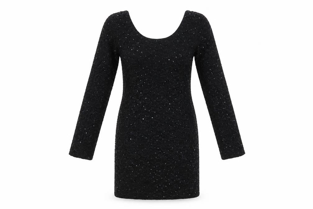Front view of Graffic women’s black floral polyester bodycon, size S, scoop neck