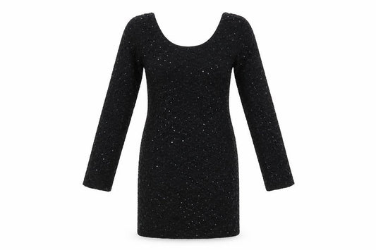 Front view of Graffic women’s black floral polyester bodycon, size S, scoop neck