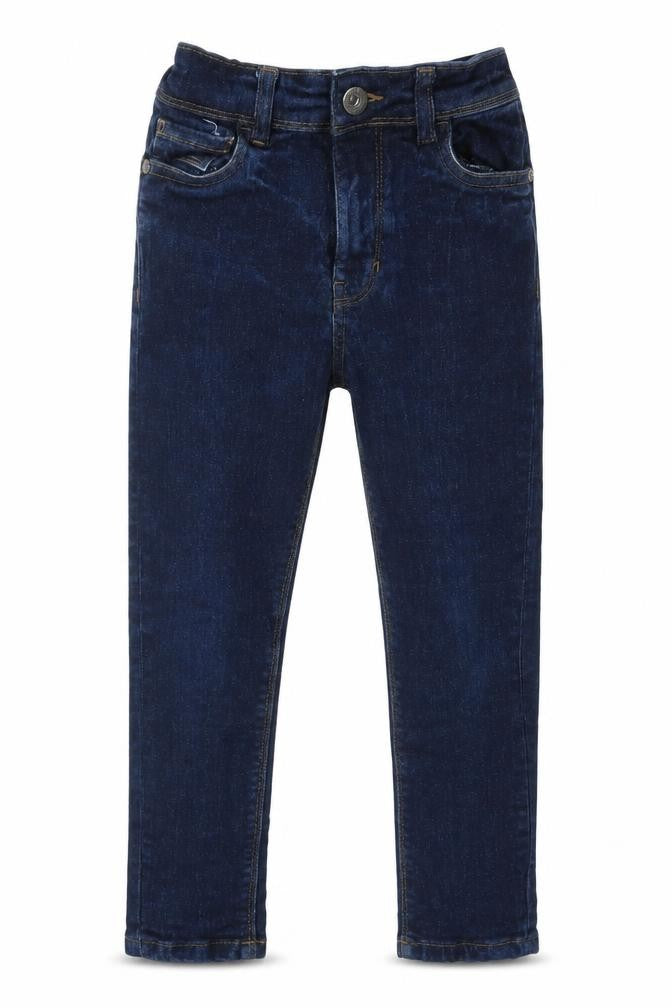 Front view of Matalan boys’ blue cotton skinny jeans, size 9, months regular button