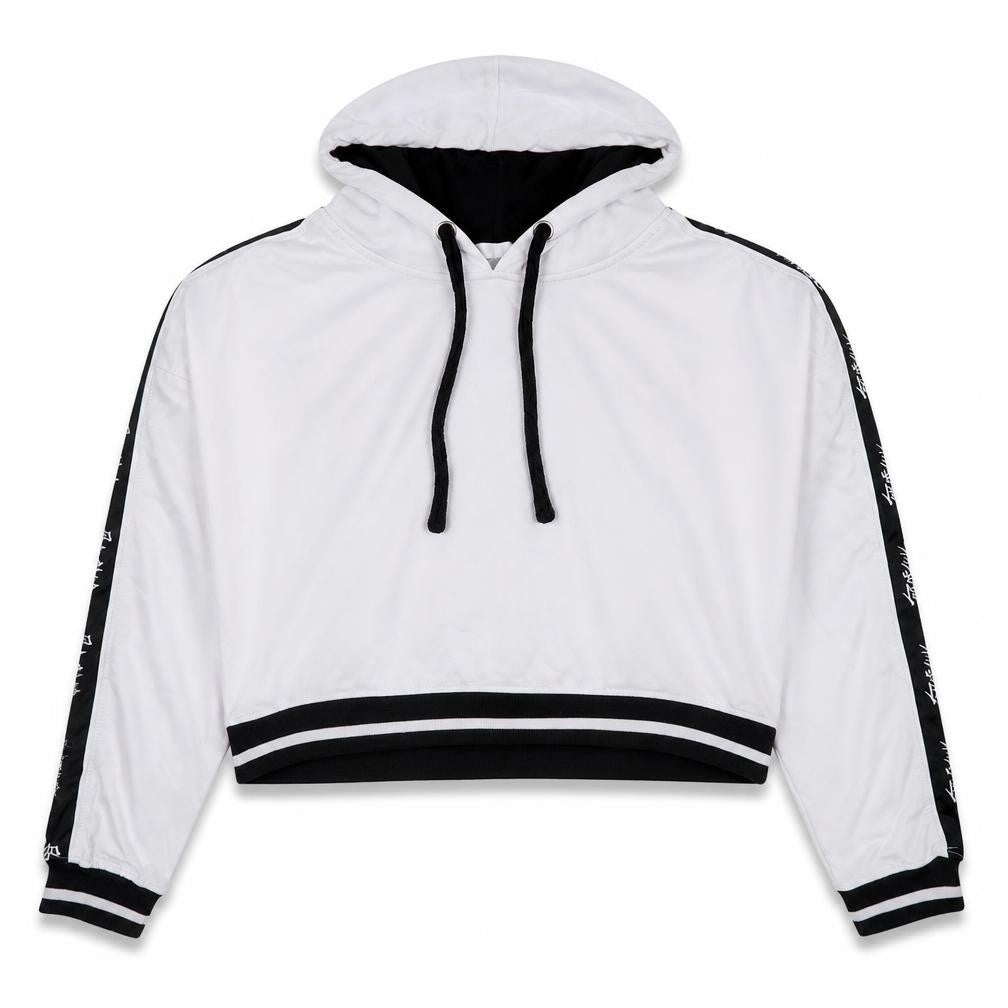 Front view of Missguided women’s white polyester pullover hoodie, size UK 16