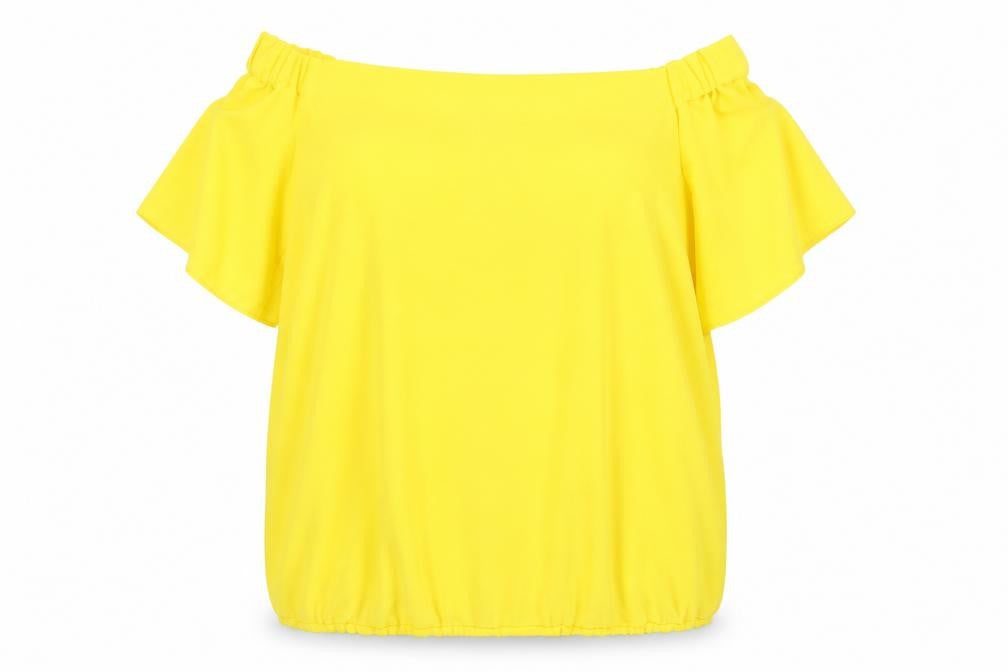 Front view of Tu women’s yellow polyester basic blouse, size UK 14, off the shoulder