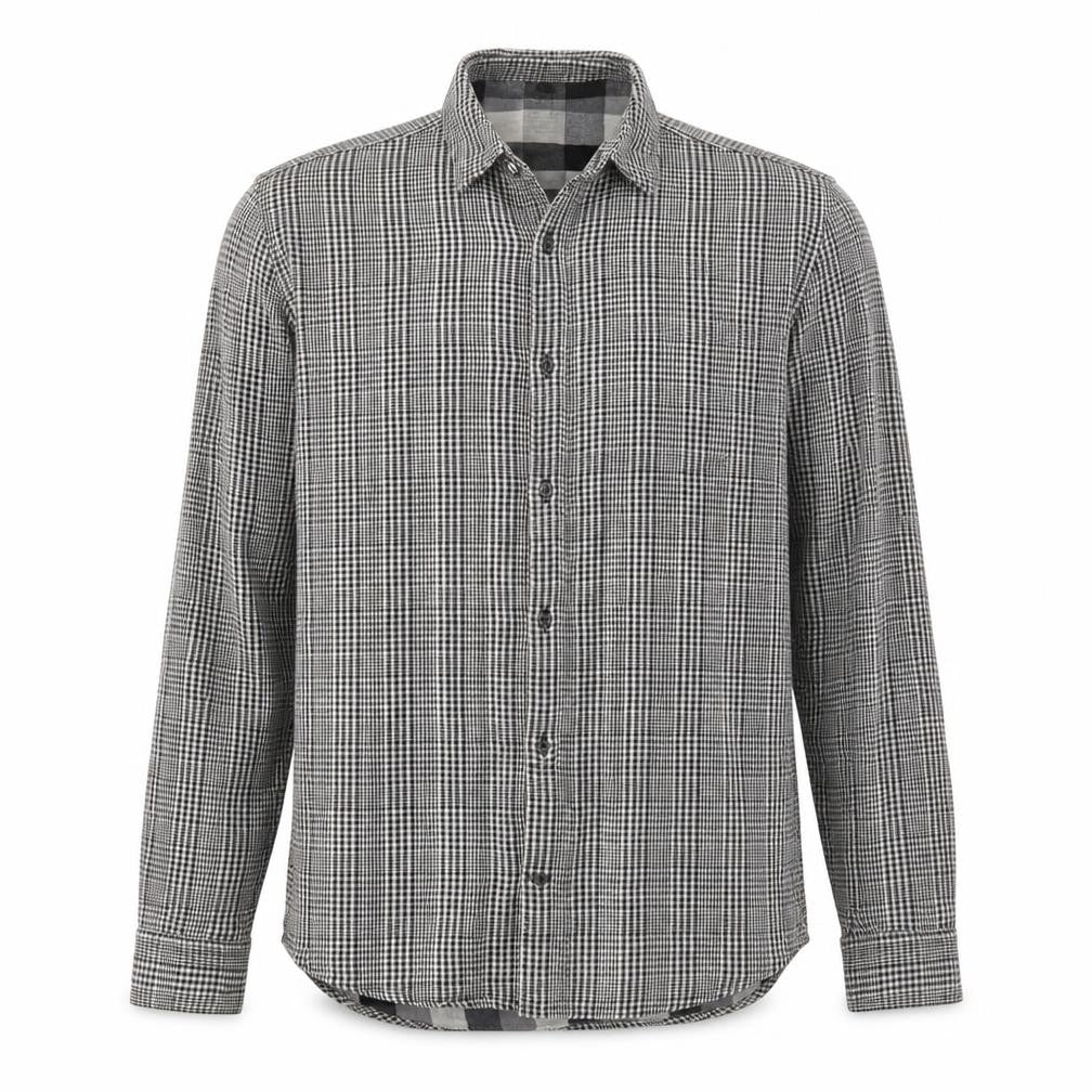 Front view of River Island men’s black check cotton button-up, size S, collared button