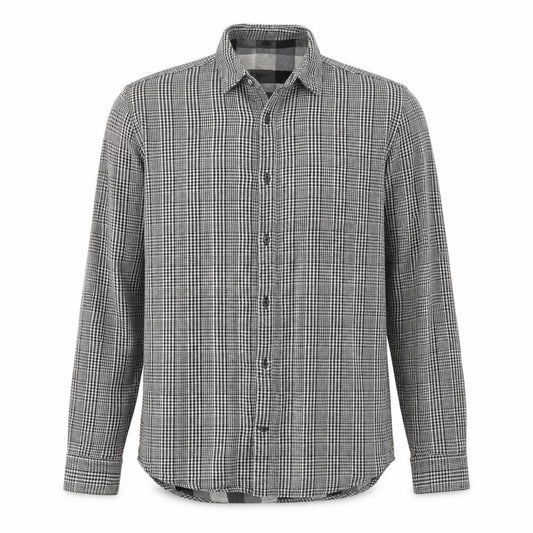 Front view of River Island men’s black check cotton button-up, size S, collared button