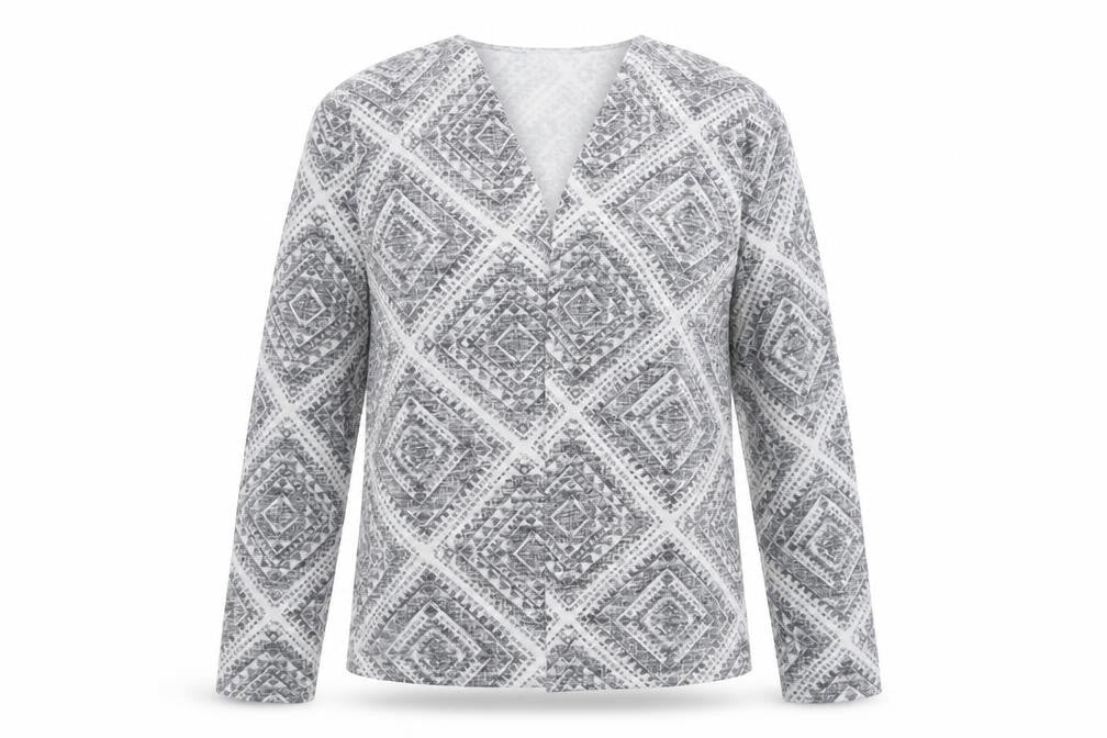 Front view of Primark women’s grey v-neck geometric polyester cardigan jumper, size M