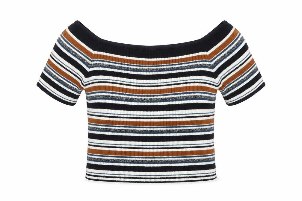 Front view of Primark women’s blue round neck striped cotton jumper, size UK 12