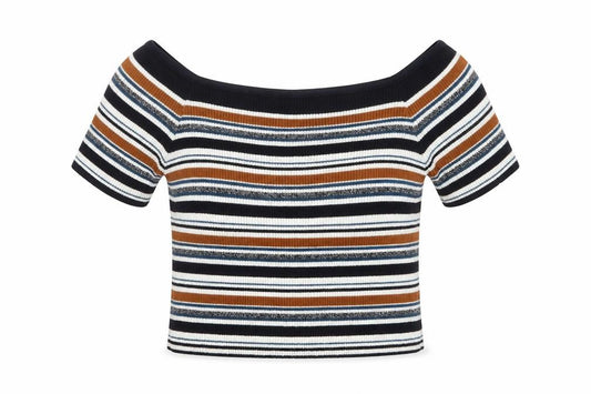 Front view of Primark women’s blue round neck striped cotton jumper, size UK 12