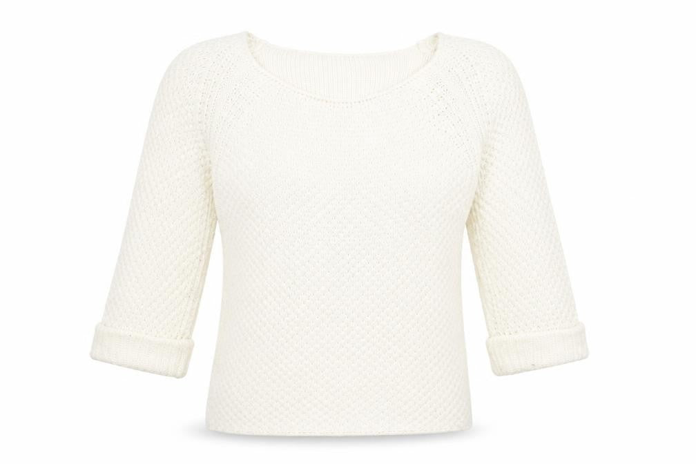 Front view of Miso women’s ivory square neck acrylic jumper, size UK 8