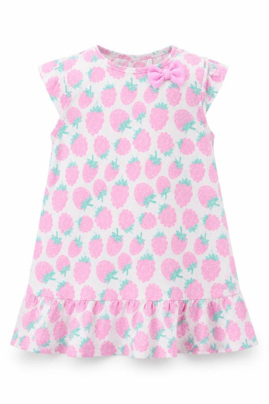 Front view of Smyk Baby White Floral Cotton A-Line, size 12-18, Months Crew Neck Snap - Strawberry Print