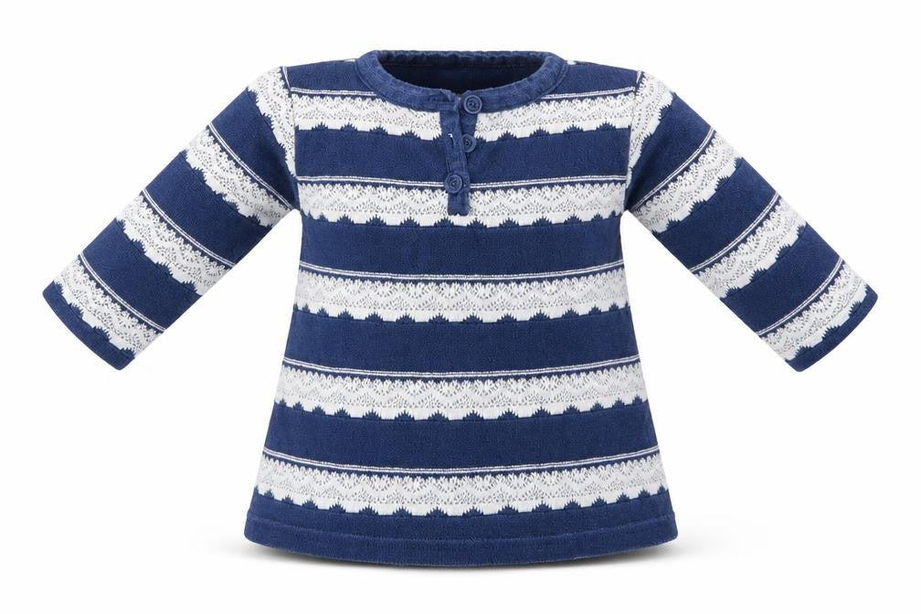 Front view of Nutmeg Baby Blue Striped Cotton Basic Blouse, size 3-6, Months Henley Button