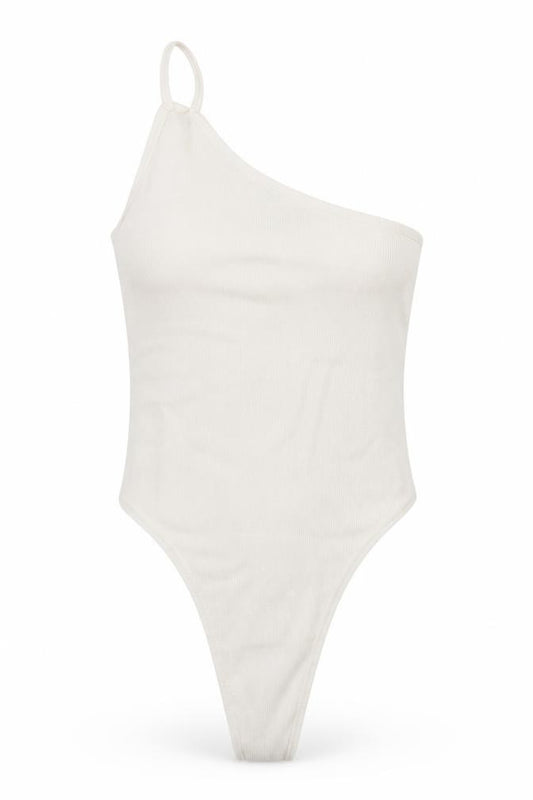 Front view of ASOS women’s ivory viscose bodysuit one-piece, size UK 12, snap