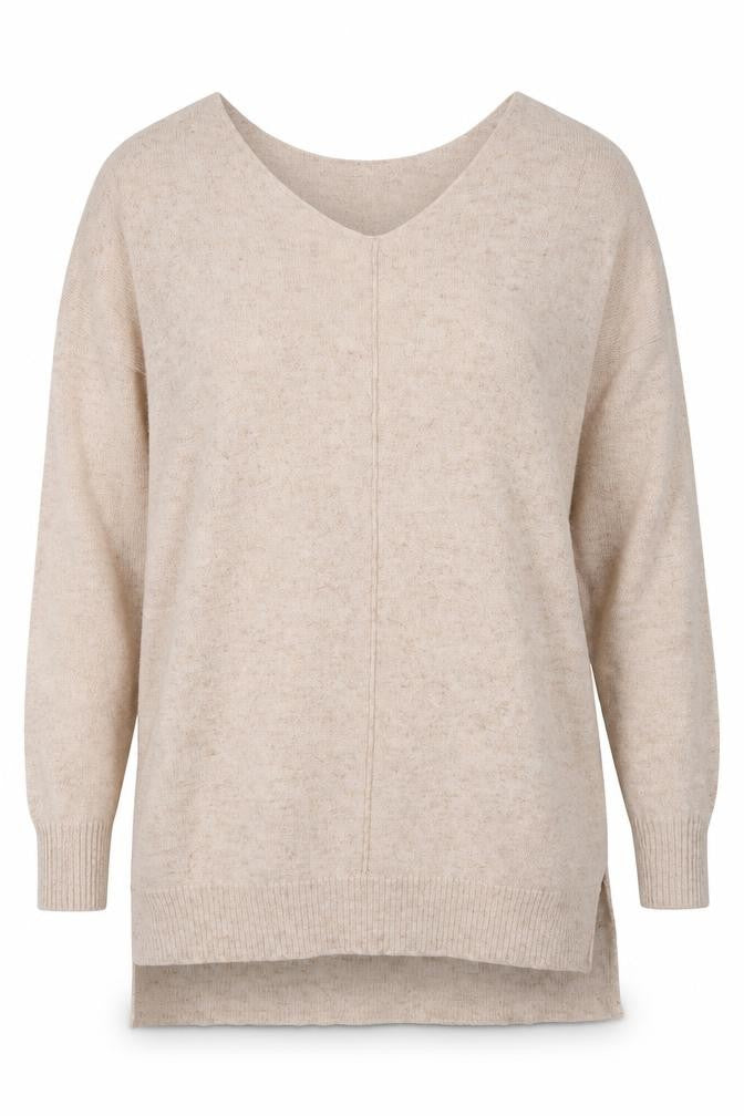 Front view of Atmosphere women’s beige v-neck viscose jumper, size XS