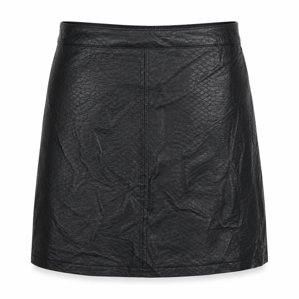 Front view of F&F women’s black polyurethane a-line skirt, size UK 6, zip